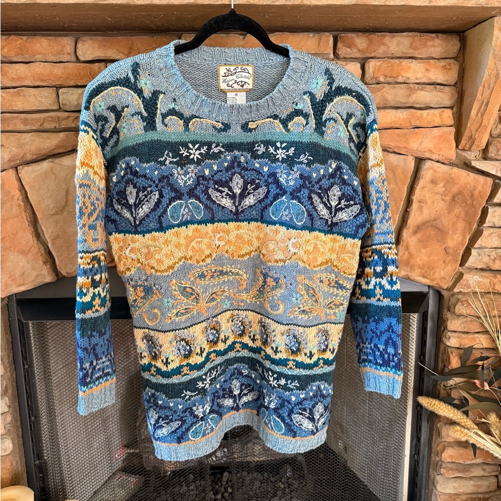 1990’s Women’s Heirloom Collectibles Vibrant Blue and Yellow Crewneck Sweater